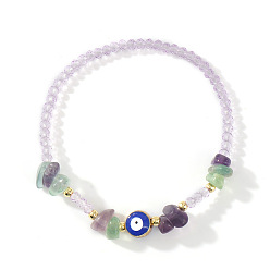 Флюорит Браслеты из натуральной флюоритовой крошки, латуни и стеклянных бусин, украшенные символом «злого глаза», для повседневного ношения., 6.89 дюйм (17.5 см)