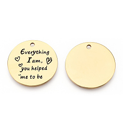 Золотой 201 подвески из нержавеющей стали, плоские круглые со словом, золотые, 30x1.5 мм, отверстие : 2 мм