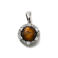 Платина Латунные микро проложить кубического циркония прелести, с тигровым камнем, круглые, платина, 13x11x5.5 мм, отверстие : 5x3 мм