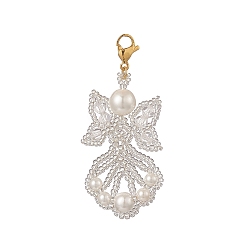 Серебро Ангельские стеклянные подвески украшения, с бисером, жемчужные раковины и 304 застежки-«лобстеры» из нержавеющей стали, серебряные, 55x25x7.5 мм