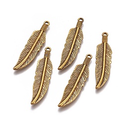 Antique Golden Tibetan Style Alloy Charms, Lead Free & Cadmium Free, Feather, Antique Golden, 42x10x2mm, Hole: 2mm