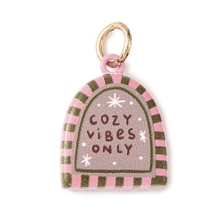 Светло-зеленый Коричневый Выпечки расписные латунные подвески, очарование арочных окон, золотые, оливковый, 18.5x14.5x4 мм, отверстие : 4.3 мм