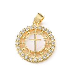 Plaqué 18K Or Véritable Pendentifs en laiton zircon cubique transparent, avec coque blanche, rond et plat avec les charmes de croix, sans cadmium et sans plomb, crémaillère plaquage, plaqué longue durée, réel 18 k plaqué or, 22.5x20x2.5mm, Trou: 5x3.5mm