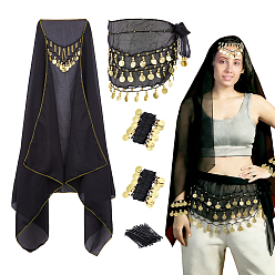 Black DIY Costume Props Sets, including Nylon & Iron Belly Dance Wrist Cuffs Bracelets, Silk Belly Dance Waist Scarf, Polyester with Iron Headpiece Cap and Alloy Hair Bobby Pins, Black, 55x2x4.5mm