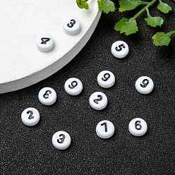 Number Opaque Acrylic Beads, Number Style, Flat Round, White, Size: about 7mm in diameter, 4mm thick, hole: 1.2mm, about 3500pcs/500g