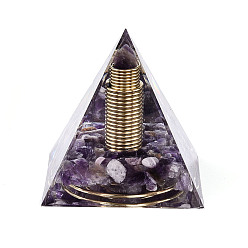 Аметист Генераторы энергии смолы оргонитовой пирамиды, рейки натуральные аметистовые чипсы и 304 проволока из нержавеющей стали внутри, для украшения рабочего стола домашнего офиса, 59~60x59~60x59~60 мм