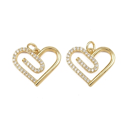 Настоящее золото 16K Латунные микропаве прозрачные подвески с фианитом, сердце, с целью перехода в кольце, реальный 16 k позолоченный, 17.5x21x3 мм, отверстие : 3.4 мм