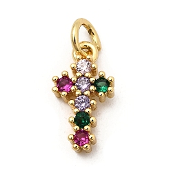 Настоящее золото 18K Латунные микро-паве красочные кубические циркониевые подвески, крестик, с целью перехода в кольце, без свинца и без кадмия, долговечный, стойки покрытие, реальный 18 k позолоченный, 12.5x7x3 мм, отверстие : 3 мм