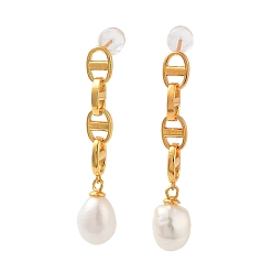 Real 18K Gold Plated Natural Pearl Stud Earrings for Women, Sterling Silver Oval Link Dangle Earrings, Real 18K Gold Plated, 34x7.5mm