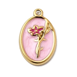 Настоящее золото 18K 304 прелести нержавеющей стали, овал с цветочными подвесками, с эмалью и стразами, ионное покрытие (ip), реальный 18 k позолоченный, 17.5x11.5x2 мм, отверстие : 1.2 мм