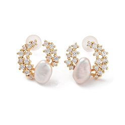 Real 18K Gold Plated Natural Pearl Stud Earrings for Women, Sterling Silver Micro Pave Cubic Zirconia Ear Stud, Real 18K Gold Plated, 14.5~15x14.5~15mm