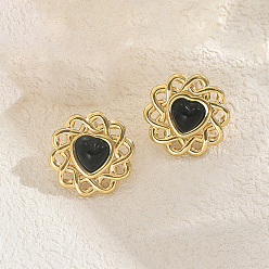 Черный Серьги-гвоздики в форме цветка из нержавеющей стали с сердцем, золотые, чёрные, 21x21 мм