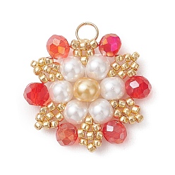 Красный Подвески из стеклянного бисера Toho, цветочный шарм, с бусинами из стекла и стеклянного жемчуга и 304 нержавеющей сталью, граненые, красные, 21x21x4.5 мм, Перейти кольцо: 4x0.5 мм, внутренний диаметр: 3 мм