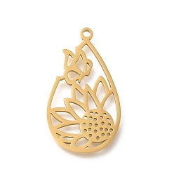 Настоящее золото 18K 304 подвески из нержавеющей стали, лазерная резка, подвеска-слезинка с цветком и бабочкой, реальный 18 k позолоченный, 28x16x1 мм, отверстие : 1.5 мм