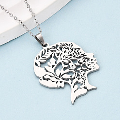 Нержавеющая Сталь Цвет 304 подвесные из нержавеющей стали ожерелья, женская голова с дуплом дерева, не тускнеет, цвет нержавеющей стали, 17.72~18.11 дюйм (45~46 см)