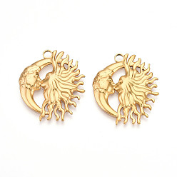 Настоящее золото 18K 304 подвески из нержавеющей стали, ионное покрытие (ip), талисманы поцелуев солнца и луны, реальный 18 k позолоченный, 33x28.5x2.5 мм, отверстие : 3 мм