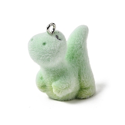 Dinosaur Флокированные подвески из непрозрачной смолы, с платиновыми тоновыми железными петлями, зеленый лайм, динозавр, 27x19x25.5 мм, отверстие : 2 мм