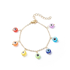 Golden Resin Charms Bracelet, Flat Round with Evil Eye, Golden, 17.1x0.2cm