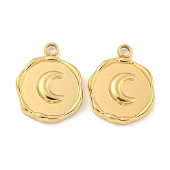 Настоящее золото 18K Ионное покрытие (ip) 304 брелоки из нержавеющей стали, плоская круглая с лунным шармом, реальный 18 k позолоченный, 16x12.5x2.5 мм, отверстие : 1.6 мм