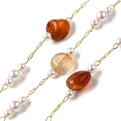 Красный Агат Цепочки из бусин ручной работы с натуральными самородками сердолика, пайки, с бусинами из АБС-пластика и фурнитурой из латуни с покрытием из стойки, долговечный, без свинца и без кадмия, с катушкой, реальный 18 k позолоченный, 7~11x6~10x4~6 мм