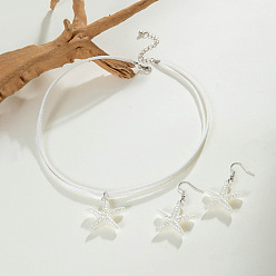 Белый Ожерелья из искусственной кожи в стиле бохо и комплекты из висячих серег из сплава, со смолой морской звездой, белые, 450 мм
