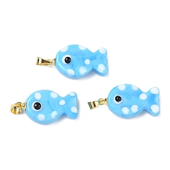Темно-Голубой Подвески лэмпворк ручной работы, рыба, с латунным, долговечный, стойки покрытие, золотые, глубокое синее небо, 23~24x13~14x7~8.5 мм, отверстие : 4.5x4 мм
