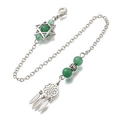 Зеленый Авантюрин Круглые маятники для биолокации из натурального зеленого авантюрина, с реечным покрытием, фурнитура из латуни и сплавов, плетеная сеть/паутина с перьями и звездой Давида, 248 мм