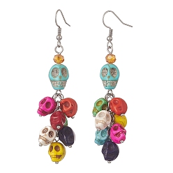 Colorful Dyed Synthetic Turquoise Skull Dangle Earrings, 304 Stainless Steel Cluster Drop Earrings for Women, Colorful, 78mm, Pin: 0.8mm