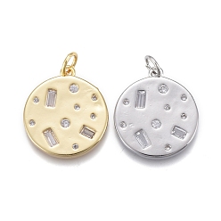 (52) Непрозрачная лаванда Латунные микропаве прозрачные подвески с фианитом, долговечный, с прыжковых колец, плоско-круглые, разноцветные, 19x17x2 мм, отверстие : 3 мм, перемычки: 5x1 мм, внутренний диаметр: 3 мм