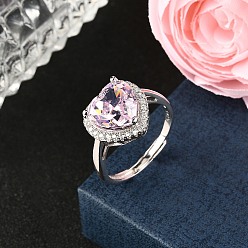 Сердце 925 Кольца из стерлингового серебра с паве из кубических цирконий, Реальная платина, сердце, внутренний диаметр: 18 мм, Сердце: 13x13.5 mm