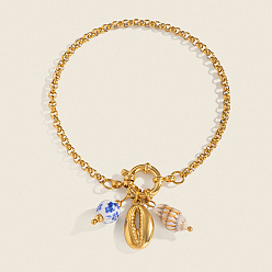 Настоящее золото 18K Браслеты с подвесками из нержавеющей стали в морском стиле, браслеты-цепочки роло для женщин, формы раковины, реальный 304 k позолоченный, 18 дюйм (7-1/2 см)