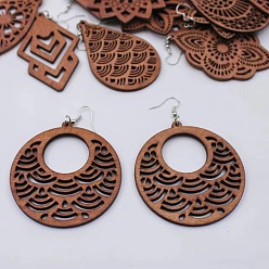 Плоский Круглый Серьги-подвески из сплава дерева, платина, плоско-круглые, 60 мм