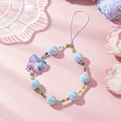 Светло-Синий Акриловые мобильные полоски, со стеклянной имитации жемчужные бусины, бабочка, голубой, 210~220 мм