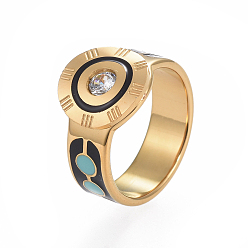 Golden Unisex 304 Fingerringe aus Edelstahl, Breitbandringe, mit Strass-Kristall, Schmelz, Flachrund, golden, Größe 6~9, 16~19 mm