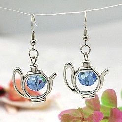 Cornflower Blue Trendy Tibetan Style Teapot Dangle Earrings, with Glass Beads and Brass Earring Hooks, Cornflower Blue, 45mm