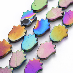Rainbow Color Electroplate Natural Freshwater Shell Beads Strands, Palm, Rainbow Color, 15~15.5x11~12x3mm, Hole: 0.9mm, about 25pcs/strand, 14.76 inch~14.96 inch(37.5cm~38cm)