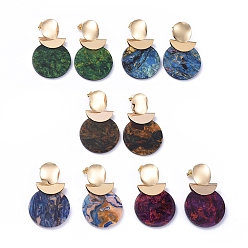 Mixed Color Cellulose Acetate(Resin) Dangle Stud Earrings, with Real 18K Gold Plated Brass Stud Earring Findings, Brass & Plastic Ear Nuts and Cardboard Boxes, Flat Round, Mixed Color, 46mm, Pin: 0.7mm