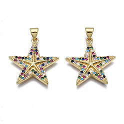 Colorful Brass Micro Pave Cubic Zirconia Pendants, Real 16K Gold Plated, Nickel free, Star, Colorful, 24x23x3mm, Hole: 3x5mm