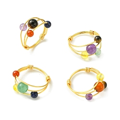Light Gold 4Pcs 4 Style Natural Mixed Gemstone Braided Bead Finger Rings Set, Copper Wire Wrap Triple Lines Finger Rings, Light Gold, Inner Diameter: 18~18.5mm, 1Pc/style