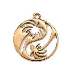 Golden 201 Stainless Steel Pendants, Flat Round with Coconut Tree Charms, Golden, 17x15x1mm, Hole: 1.5mm