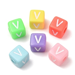 Couleur Mélangete Perles européennes opaques acrylique, Perles avec un grand trou   , cube avec la lettre v, couleur mixte, 10x9x9~9.5mm, Trou: 4mm, environ580 pcs / 500 g