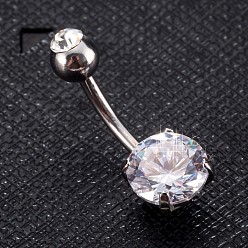 Clear Piercing Jewelry, Brass Cubic Zirconia Navel Ring, Belly Rings, with 304 Stainless Steel Bar, Lead Free & Cadmium Free, Flat Round, Platinum, Clear, 21x8mm, Bar: 15 Gauge(1.5mm), Bar Length: 3/8"(10mm)