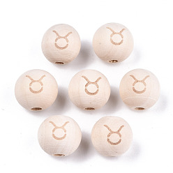Taurus Unfinished Natural Wood European Beads, Large Hole Beads, Laser Engraved Pattern, Round with Constellation, Taurus, 15~16x14~15mm, Hole: 4mm