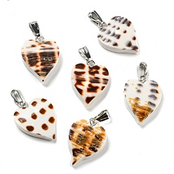 Coconut Brown Natural Spiral Shell Pendants, Heart Charms with Platinum Plated Alloy Snap on Bails, Coconut Brown, 19x14x4mm, Hole: 5.5x2mm