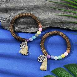 (52) Непрозрачная лаванда Браслеты с подвесками из натурального выветренного агата и кокоса для мужчин и женщин, дерево жизни и кисточка, разноцветные, внутренний диаметр: 2-1/8 дюйм (5.45 см)