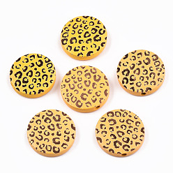 Orange Painted Natural Wood Beads, Laser Engraved Pattern, Flat Round with Leopard Print, Orange, 20x5mm, Hole: 1.5mm