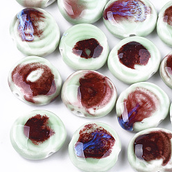 Medium Aquamarine Handmade Porcelain Beads, Fancy Antique Glazed Porcelain, Flat Round, Medium Aquamarine, 23~24x24~27x9~10mm, Hole: 3mm
