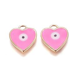 Pink Золотые тона латунные подвески, с эмалью, сердце с сглаза, розовые, 17x15x2 мм, отверстие : 3x2 мм