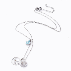 Нержавеющая Сталь Цвет 304 подвесные из нержавеющей стали ожерелья, с полимерной глиной горный хрусталь, плоские круглые с падения, цвет нержавеющей стали, 18.1 дюйм (46 см), плоские круглые: 18x15x1 мм и 14x11x2.5 мм, слеза: 11.5x7x4 мм