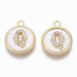 Letter Q Brass Micro Pave Cubic Zirconia Pendants, with Shell, Flat Round with Letter, Nickel Free, Clear, Creamy White, Real 18K Gold Plated, Letter.Q, 17x14x4mm, Hole: 1.8mm